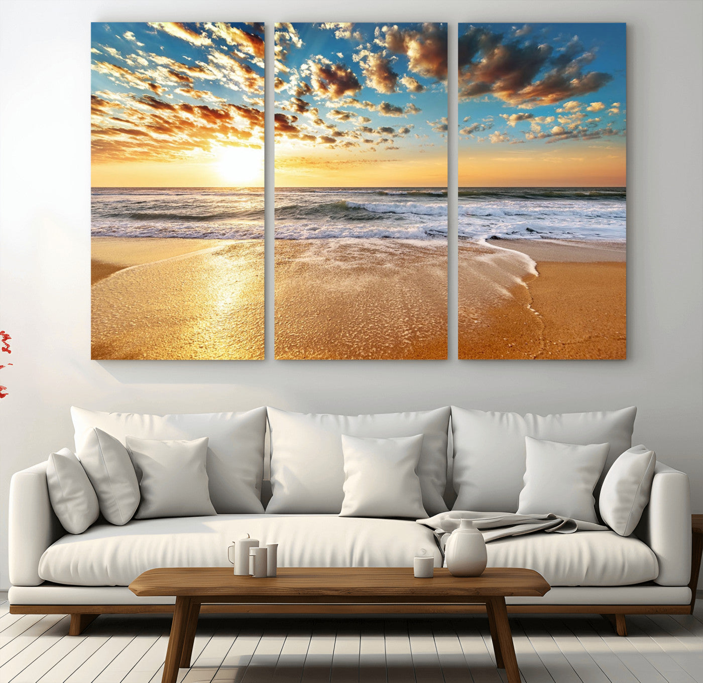 MGV-CV-48X32-3P - Golden Sunset Beach Print Canvas Wall Art, Giclee Canvas Print with Canon Print Quality, Triptych