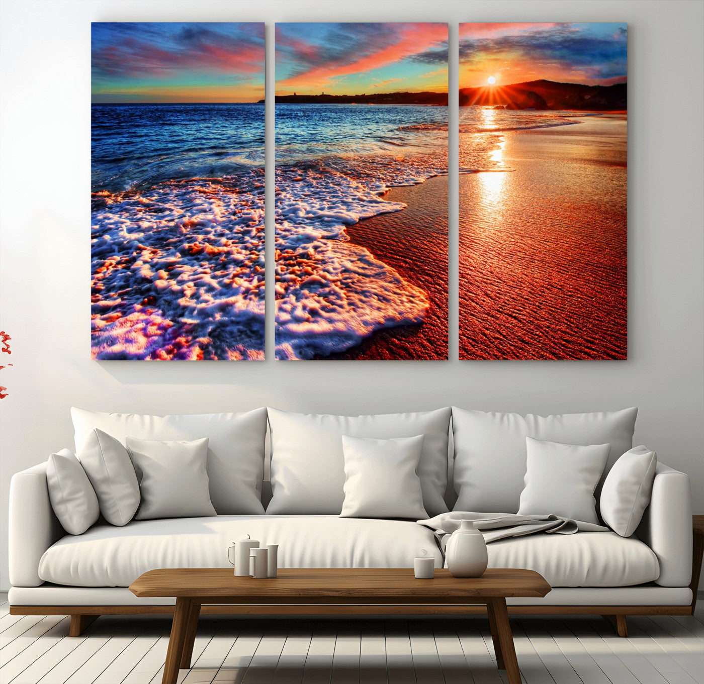 MGV-CV-48X32-3P - Colorful Coastal Sunset on the Beach Canvas Print, Ocean Waves Crashing at Dusk, Multi-Panel Seascape Vibrant Coastal Wall Art Canvas Print
