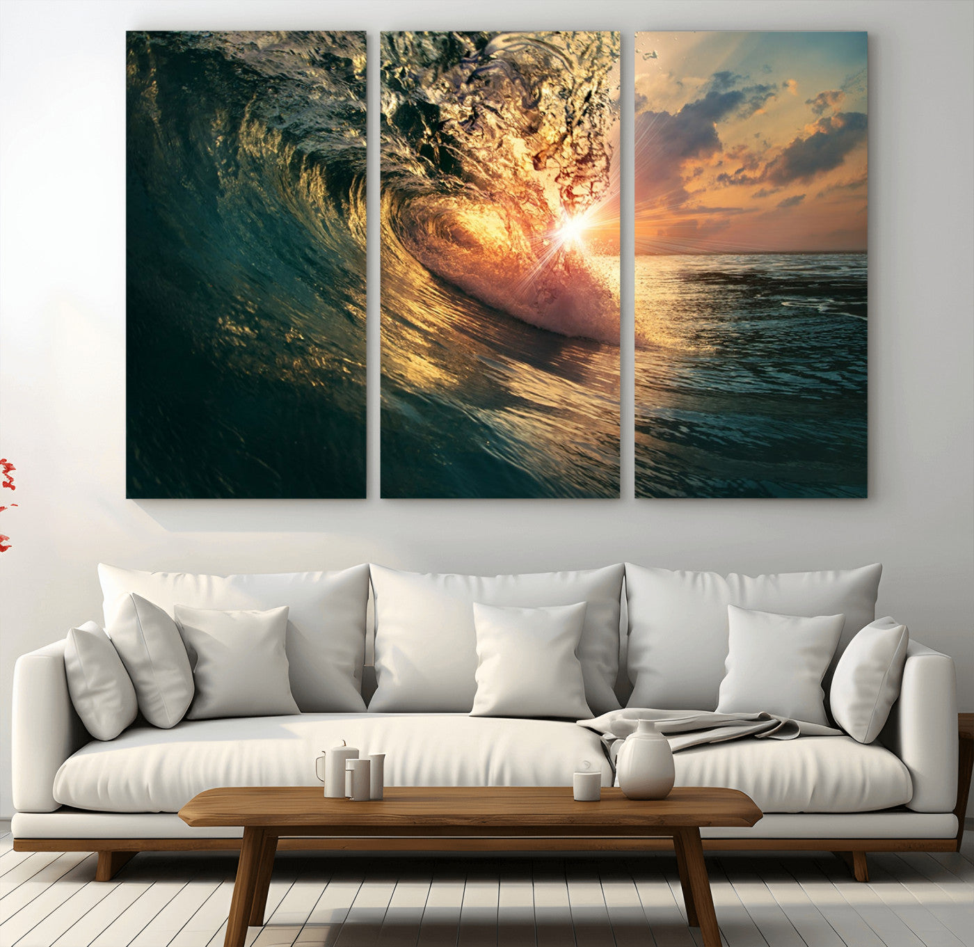 MGV-CV-48X32-3P - Ocean Wave Sunset Canvas Wall Art – Triptych Seascape Print – Framed and Ready to Hang for Living Room or Office
