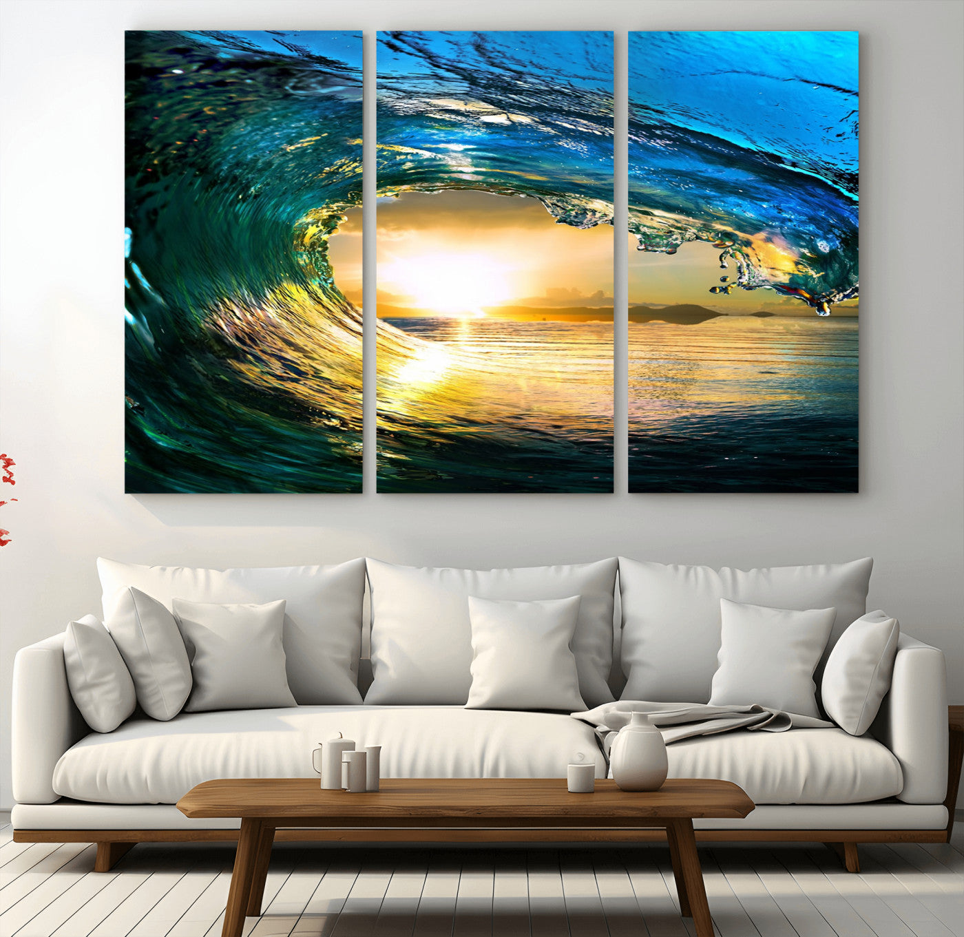 MGV-CV-48X32-3P - Ocean Wave at Sunset Canvas Art, Large Wall Print of Vibrant Water Waves, Coastal Art for Living Room and Dining Room