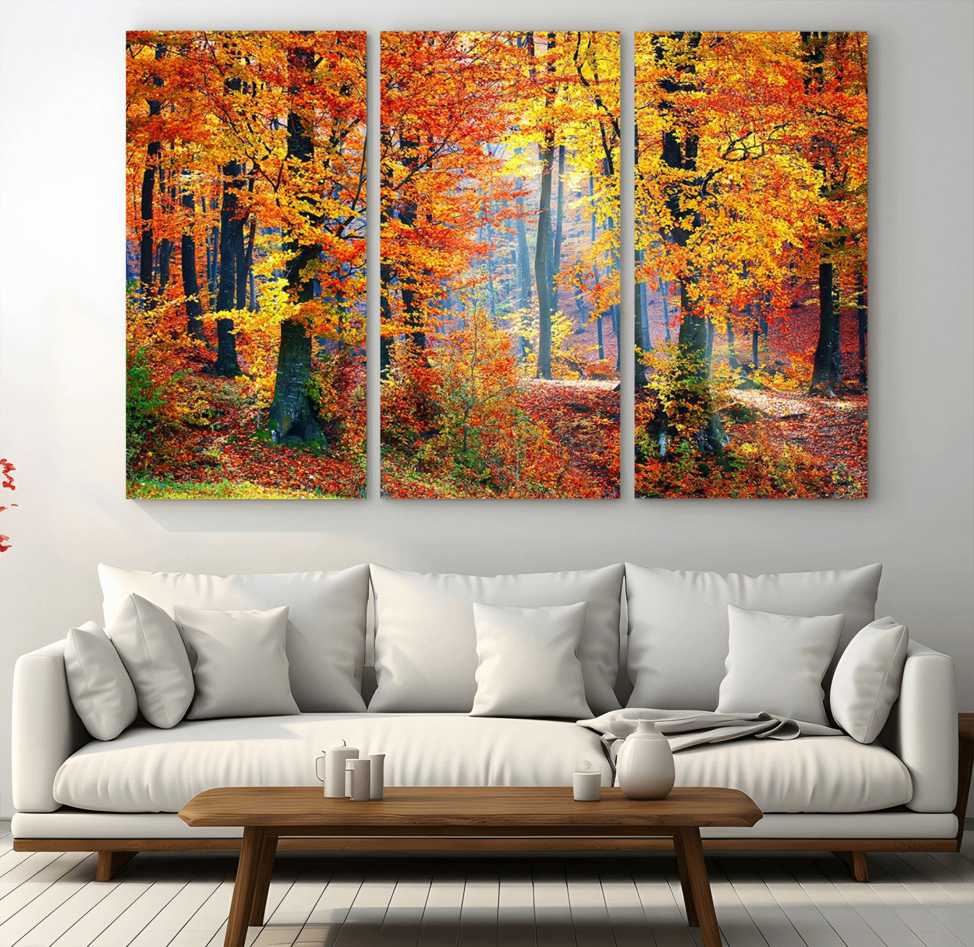 MGV-CV-48X32-3P - Autumn Red Forest Triptych Canvas Wall Art Print, Forest Wall Decor, Fall Landscape Art | Season