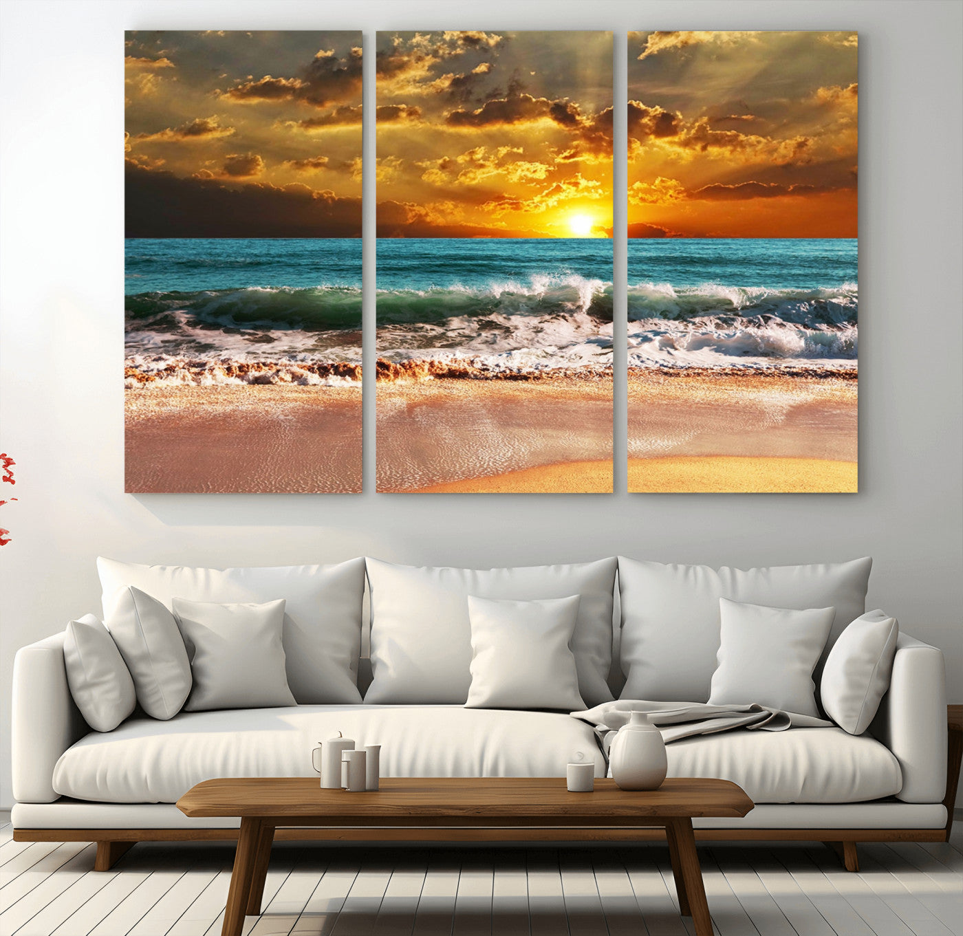 16495-MGV-CV-36X24-Golden Sunset Beach Canvas Wall Art – Triptych Seascape Print – Framed and Ready to Hang for Living