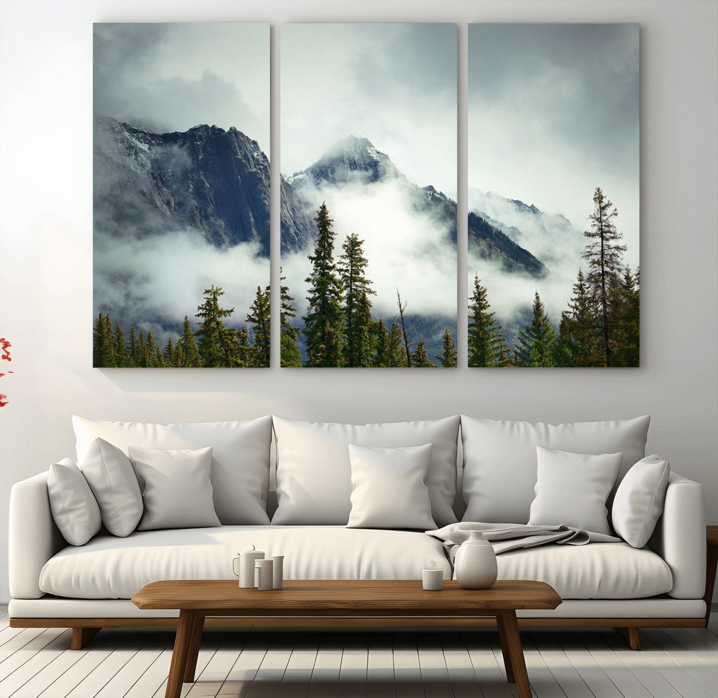 MGV-CV-48X32-3P - Mountain Mist Canvas Wall Art | 3-Panel Foggy Forest and Mountain Landscape | Large Giclee Print for Living Room, Office, or Cabin, Farmhouse Decor