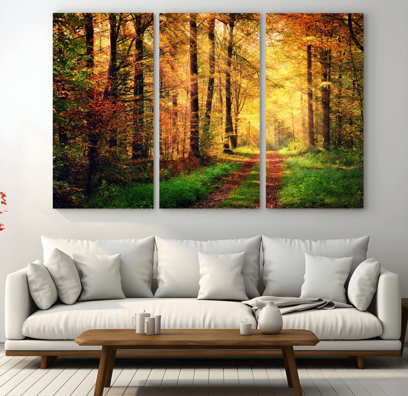 MGV-CV-48X32-3P - Sunlight Through Trees Wall Art Canvas Print - Autumn Forest Wall Art Canvas Print