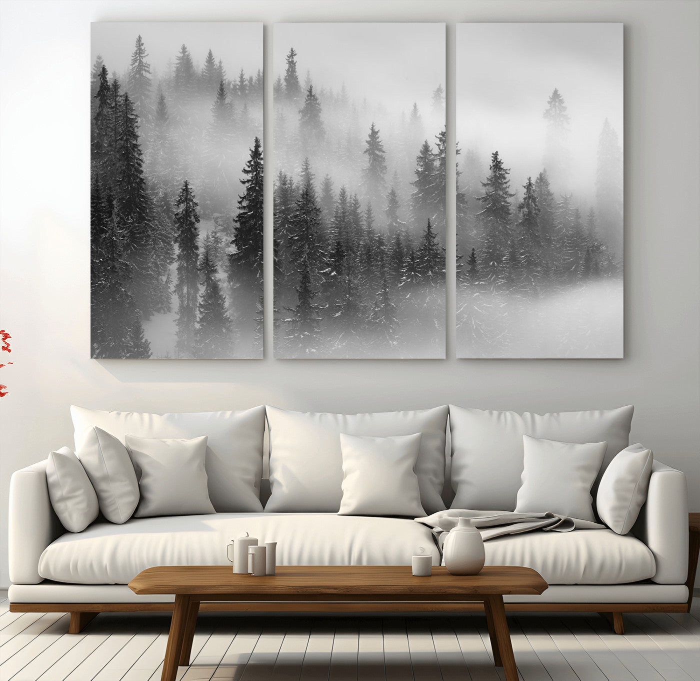 MGV-CV-48X32-3P - Foggy Misty Forest Canvas Wall Art – Black and White Landscape – Framed and Ready to Hang Modern