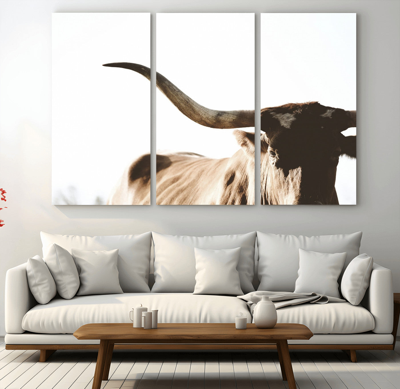 MGV-CV-48X32-3P - Texas Longhorn Wall Art Canvas Print | 3-Panel Large Longhorn Canvas Print for Living Room, Framed Gallery Wrap Office, Rustic Western Cowboy Decor