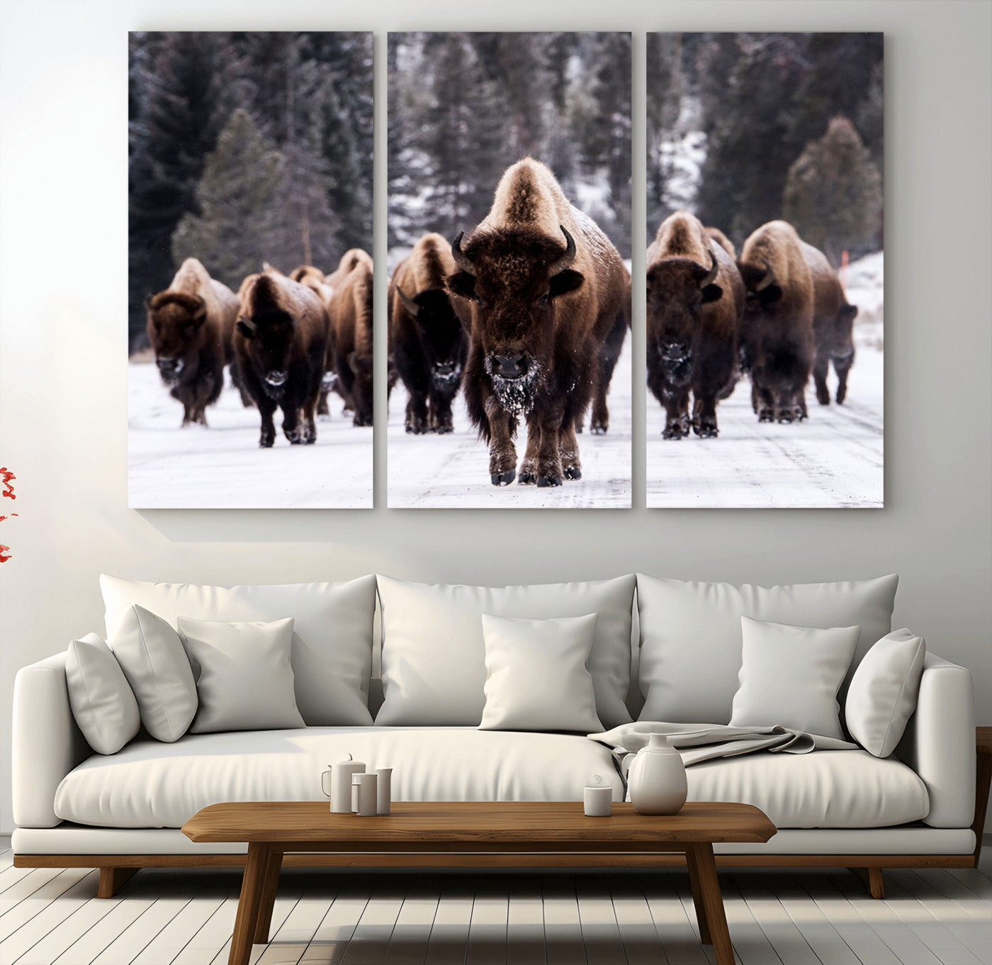 MGV-CV-48X32-3P - Bison Wall Art Canvas Print- Bison Herd Canvas Wall Art – Majestic Wildlife Photography – Framed and