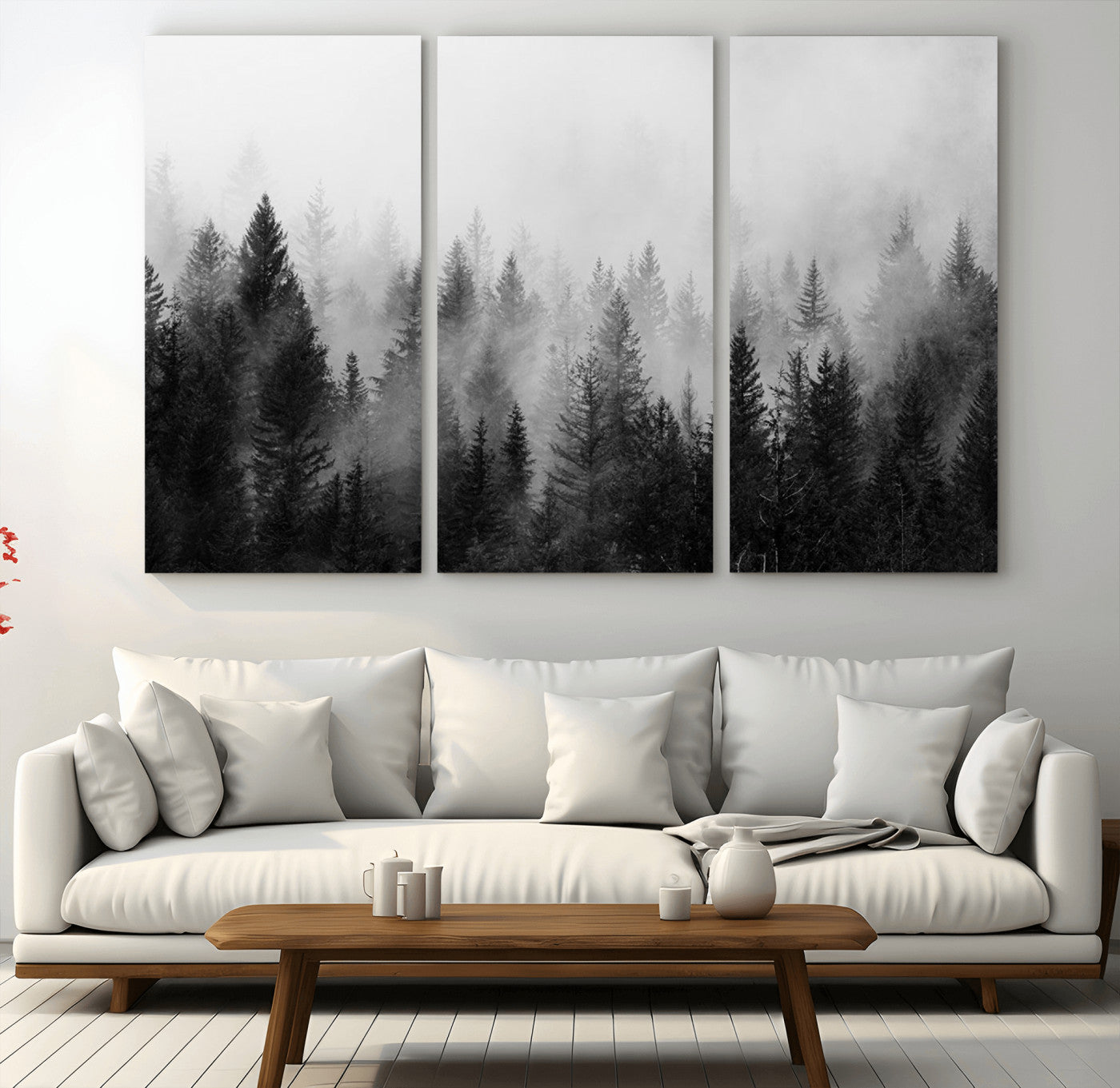 MGV-CV-48X32-3P - Foggy Black and White Forest Canvas Wall Art, 3 Panel Misty Pine Trees Canvas Print for Living Room,