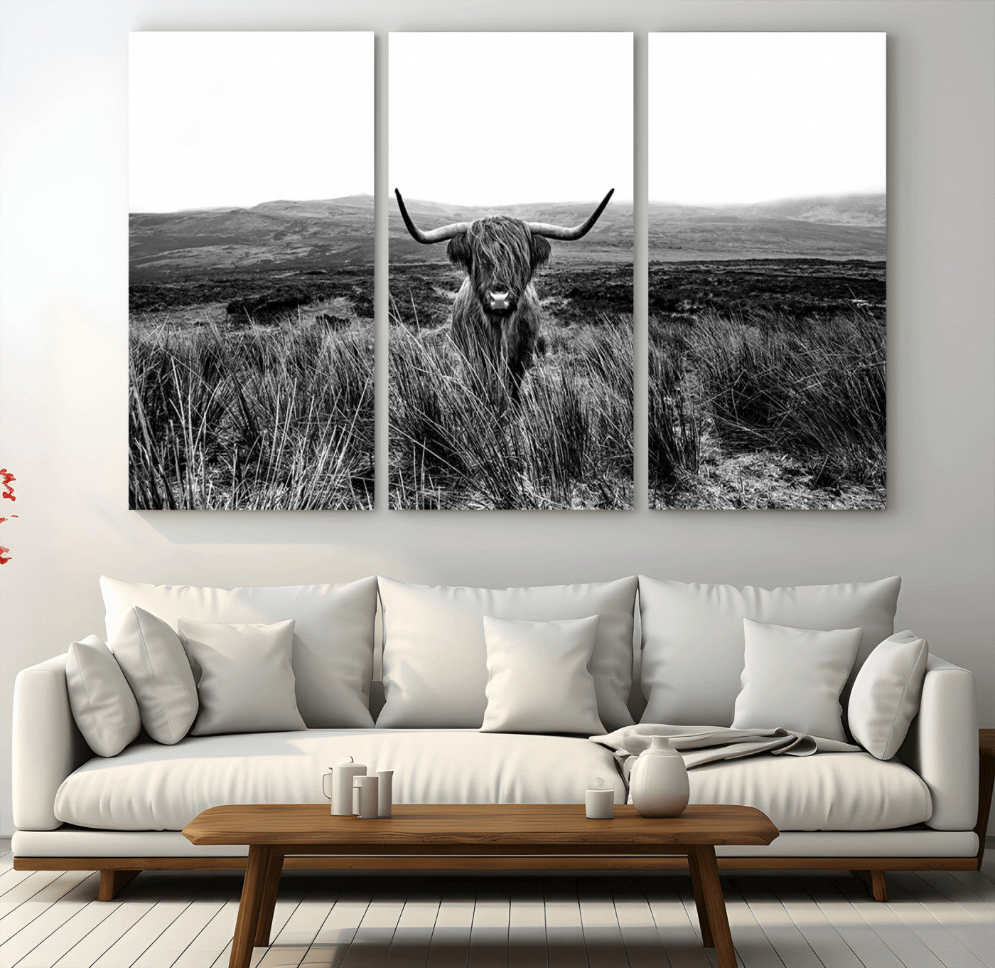 MGV-CV-48X32-3P - Black and White Highland Cow Canvas Wall Art, Longhorn Triptych Western Wall Decor for Cabin -