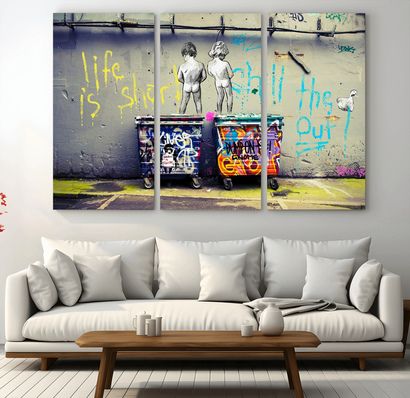 MGV-CV-48X32-3P - Banksy Life is Short Wall Art - Iconic Graffiti Art on Framed Ready-to-Hang Canvas - Street Art