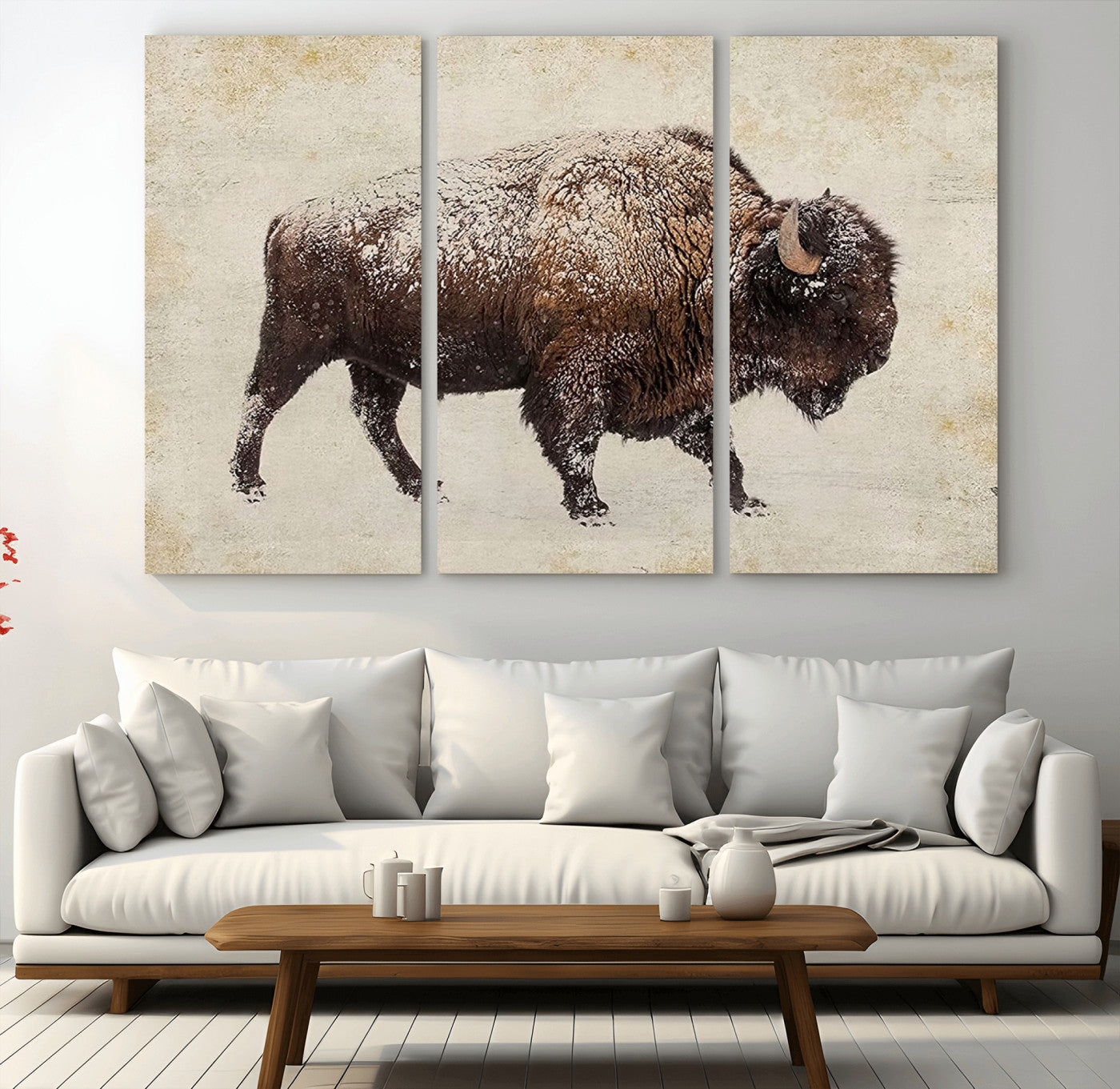 MGV-CV-48X32-3P - Buffalo Wall Art, Western Bison Canvas Print, Rustic Buffalo Art for Cowboy Western Decor, Large Multi-Panel Giclee Canvas for Farmhouse Wall Decor