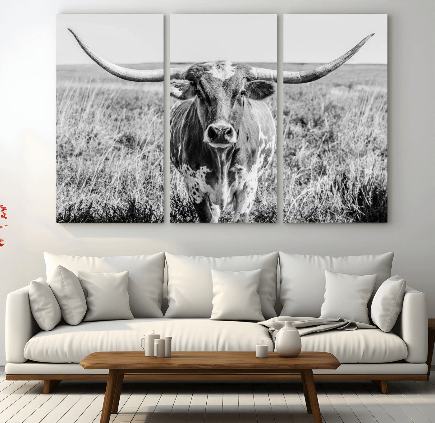 MGV-CV-48X32-3P - Texas Cow Longhorn Wall Art Canvas Print for Farm House Wall Decor, Farmhouse Wall Art Print