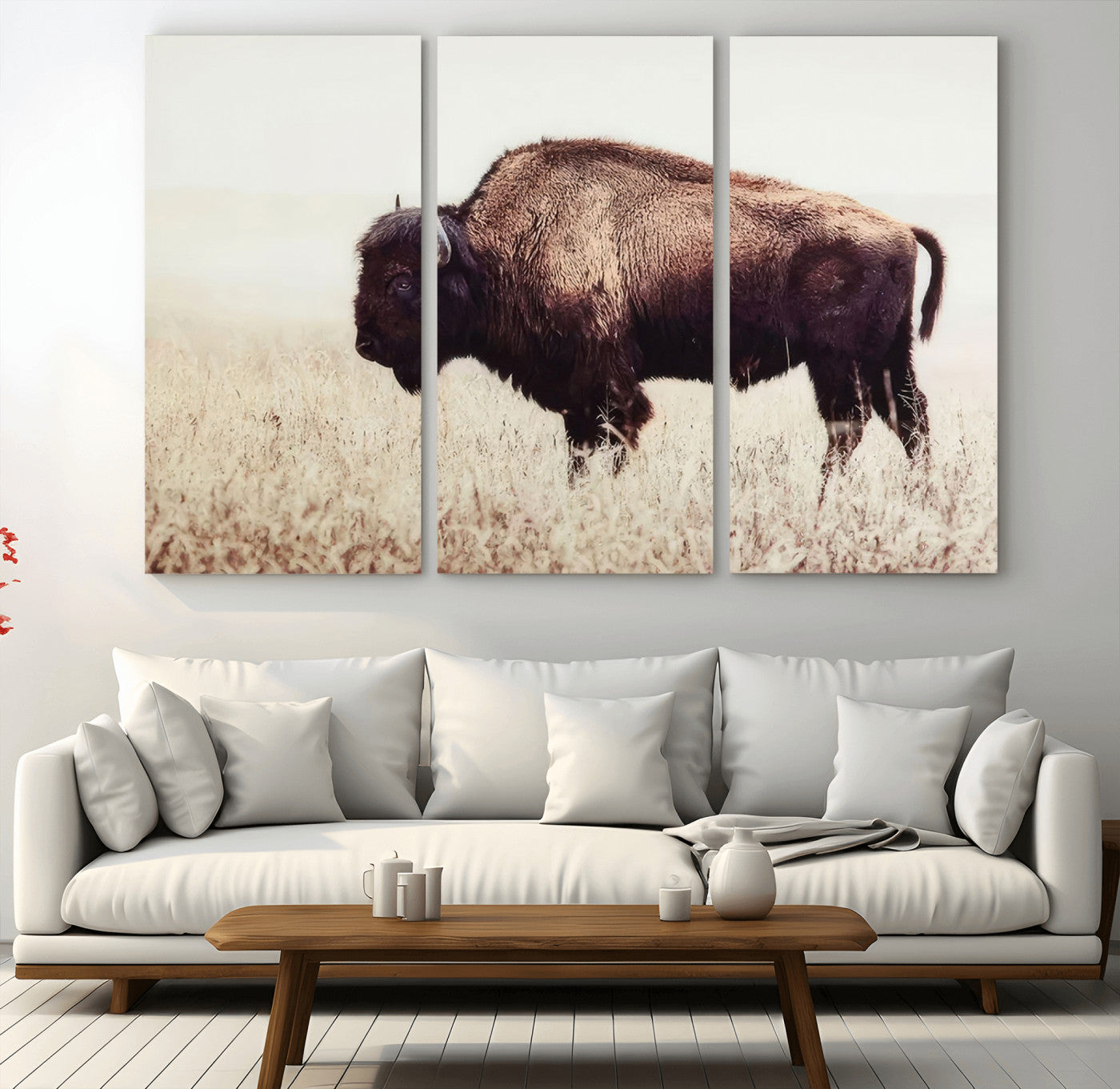 MGV-CV-48X32-3P - Bison in Field Wall Art Canvas Print For Farmhouse Barn Decor