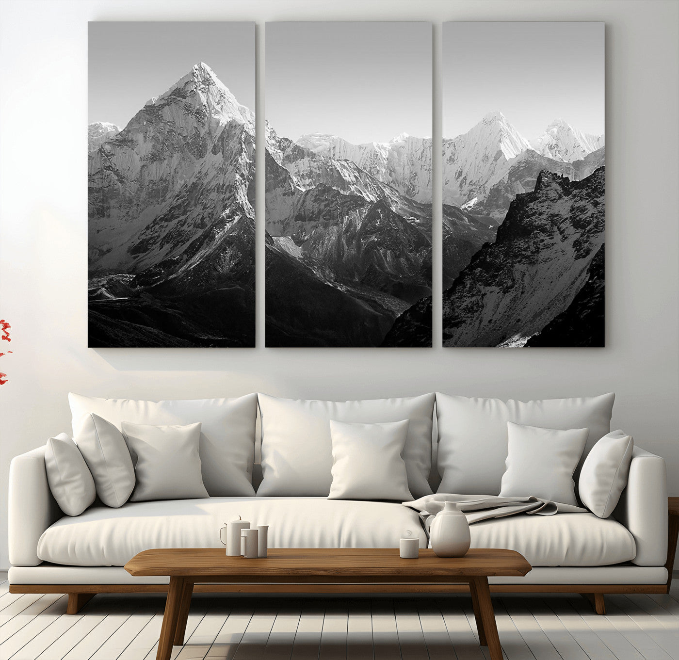 MGV-CV-48X32-3P - Everest Himalaya Mountain Peaks Black & White Triptych Canvas Art – Mountain Wall Decor, Everest