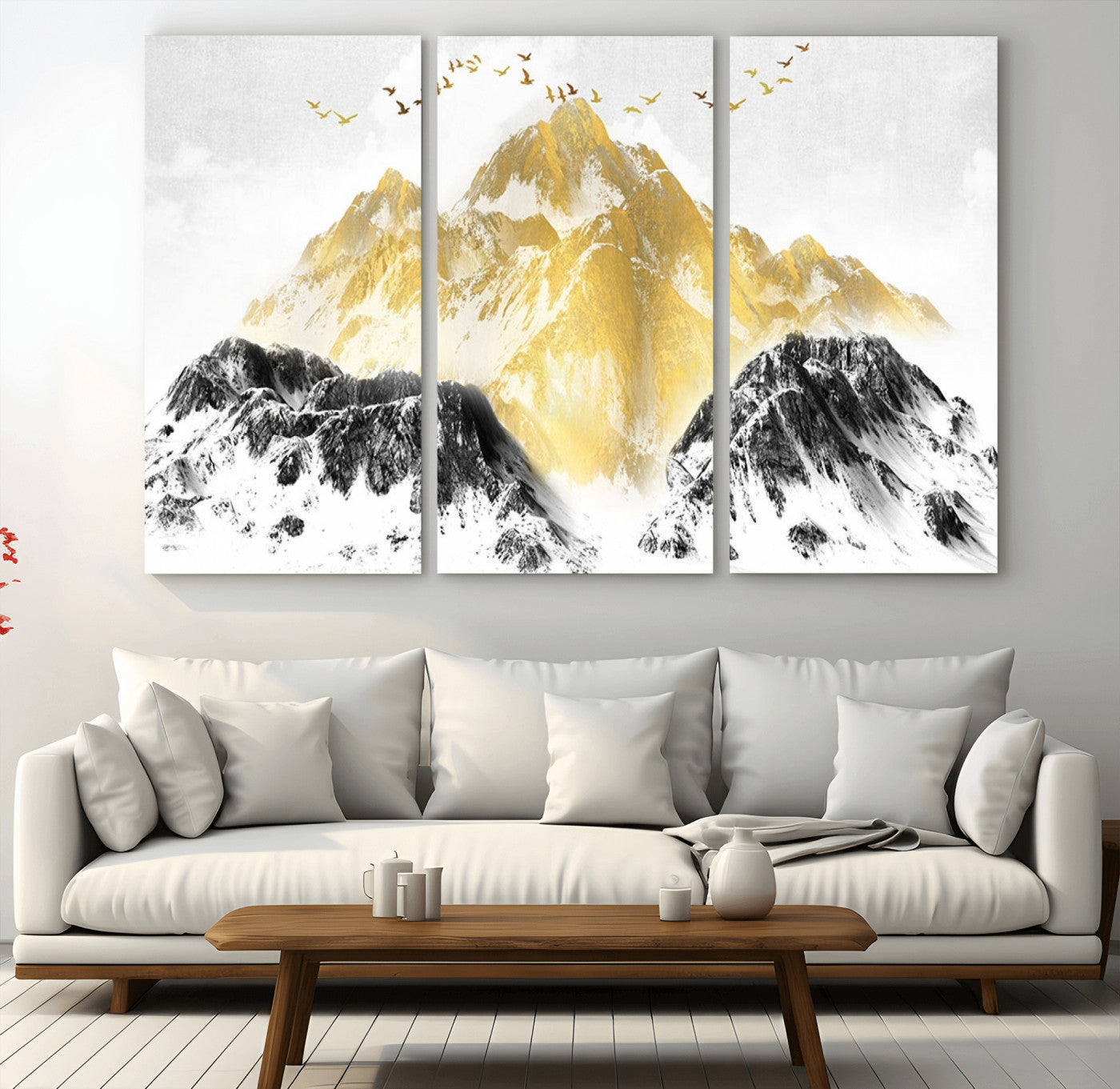 -Golden Mountain Triptych Wall Art Canvas Print, Modern Giclee Canvas Print, Nature Landscape Decor