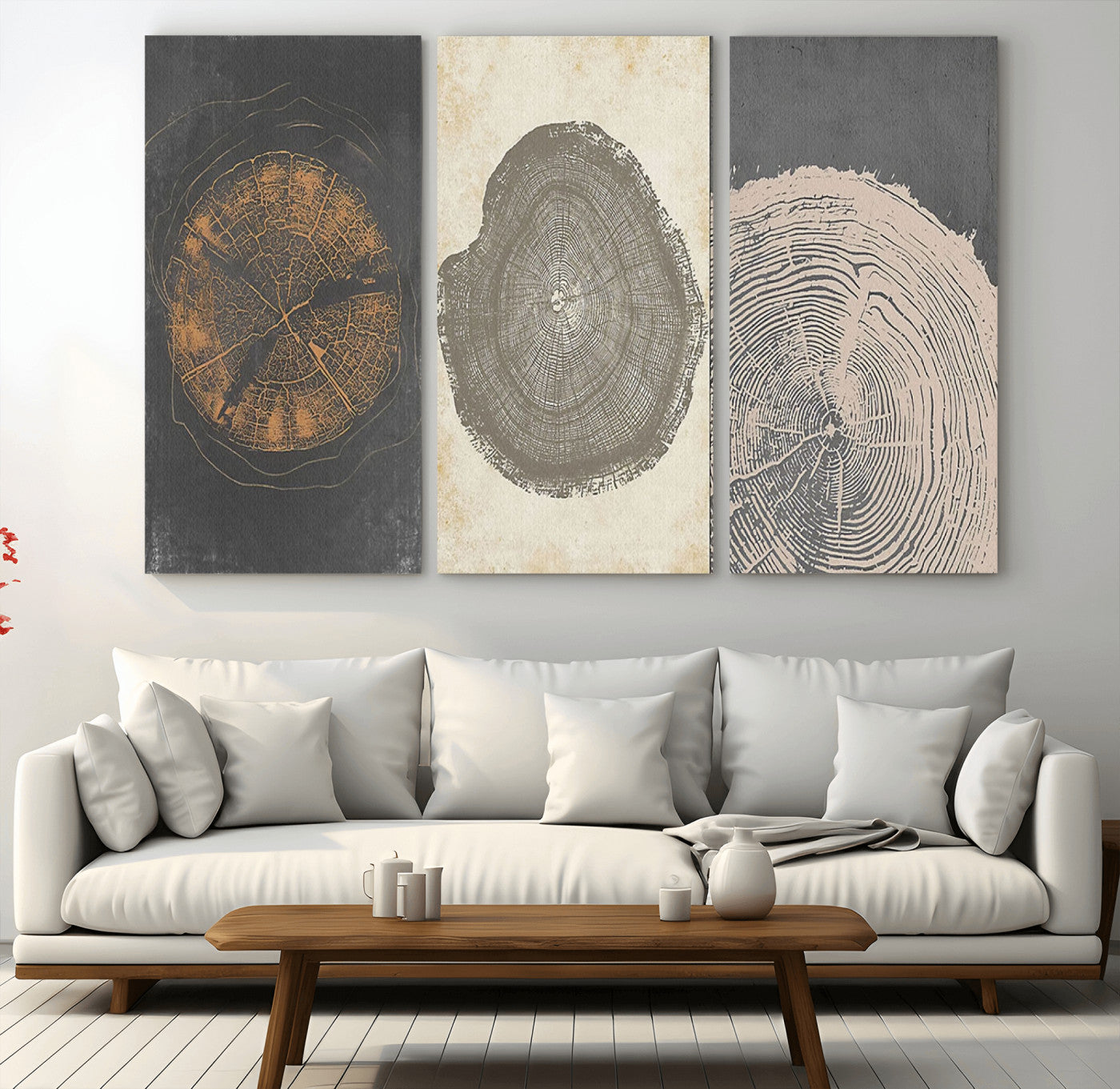 MGV-CV-48X32-3P - Boho Tree Ring Wall Art, Modern Minimalist Wood Grain Canvas, Tree Slice for Rustic Decor, Farmhouse