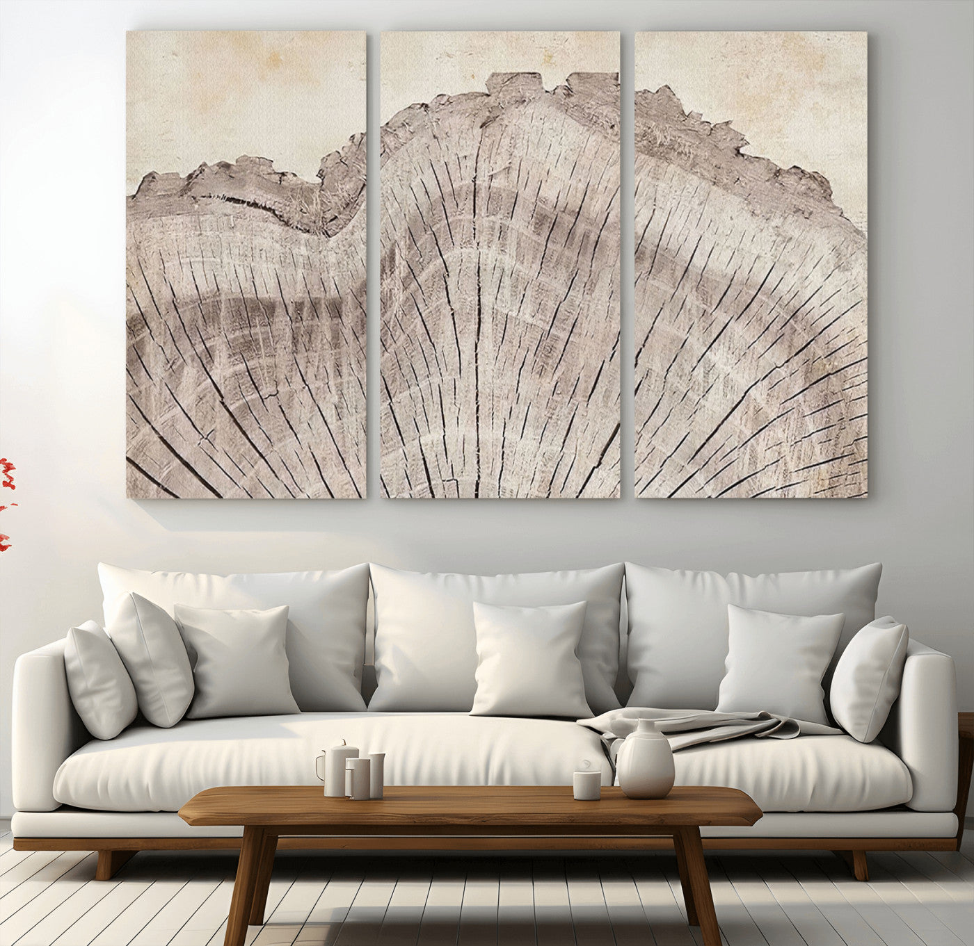 MGV-CV-48X32-3P - Tree Ring Wall Art Triptych, Rustic Wood Ring Canvas Print, Minimalist Wall Decor for Modern Homes