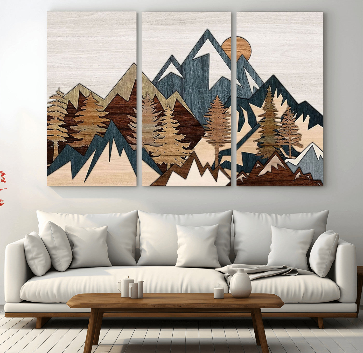MGV-CV-48X32-3P - Woodland Mountain Landscape Triptych, Giclee Canvas Art for Modern Home, Rustic Wooden Nature Wall