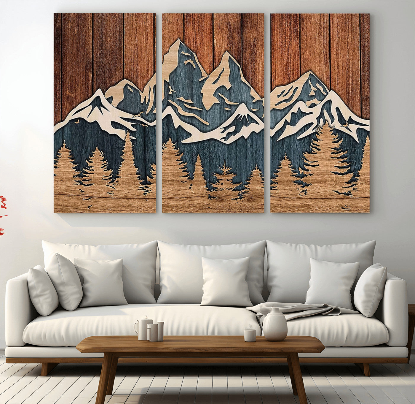 MGV-CV-48X32-3P - Rustic Wood Style Mountain Wall Art, Nature Forest Canvas Print, Wooden Textured Mountain Artwork, Handcrafted Landscape Decor for Farmhouse Decor