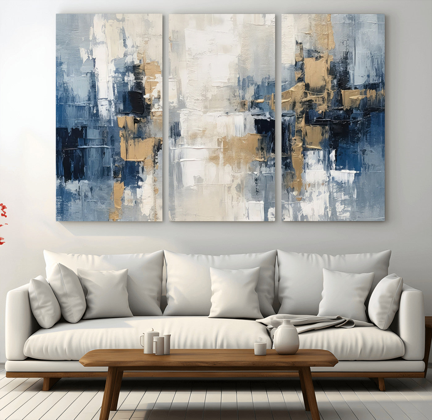 -Modern Abstract Canvas Wall Art in Blue and Gold Tones | Large Contemporary Art for Living Room,