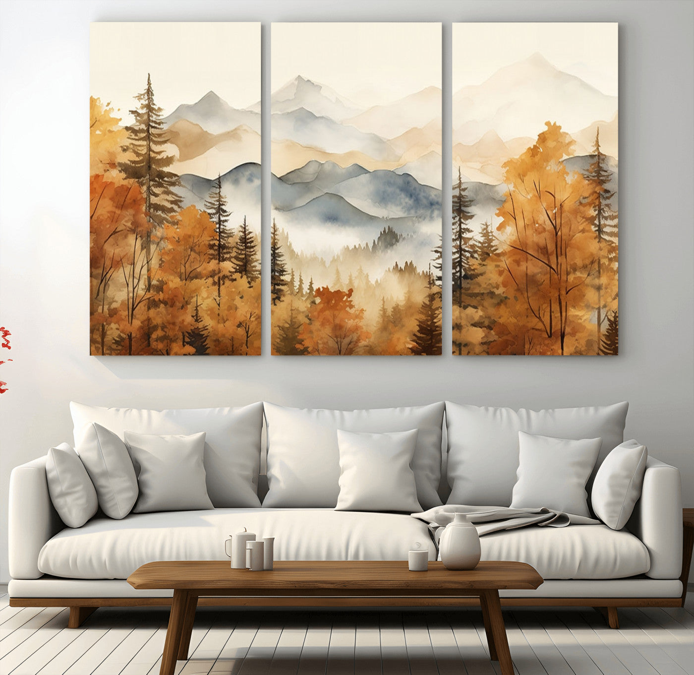 MGV-CV-48X32-3P - Golden Autumn Forest Wall Art | Mountain Landscape Canvas Print for Living Room or Bedroom | Large Wall Decor with Nature-Inspired Design