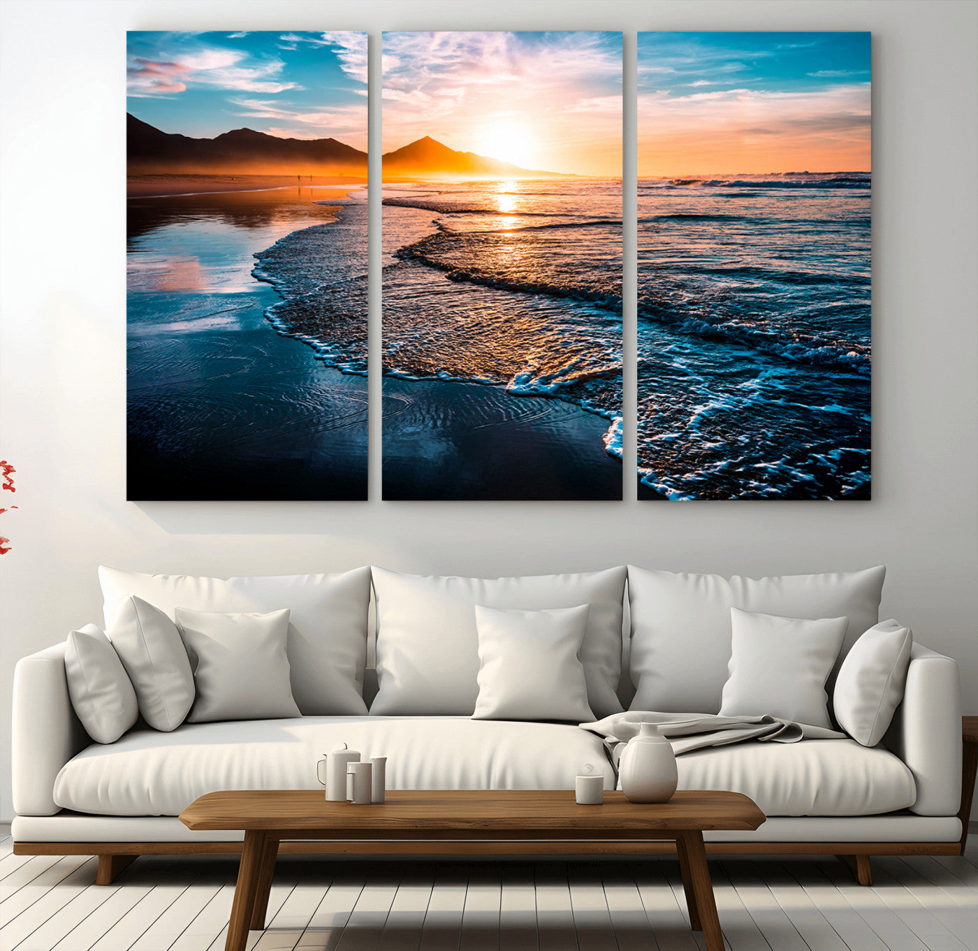 MGV-CV-48X32-3P - Sunset Beach Ocean Canvas Wall Art – Tranquil Ocean Reflections at Dusk – Ready to Hang