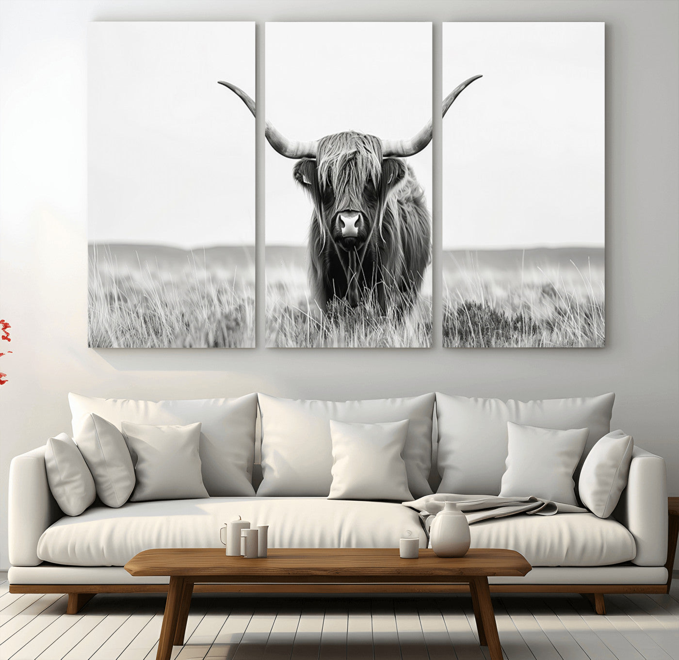 MGV-CV-48X32-3P - Highland Cow Canvas Wall Art – Majestic Beauty in Black and White