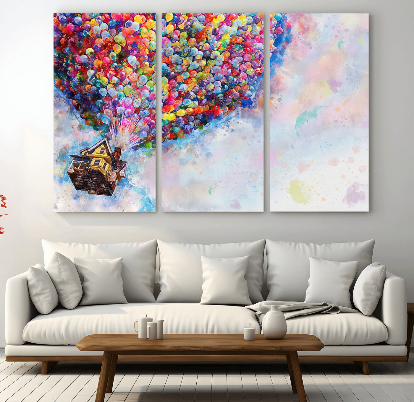 MGV-CV-48X32-3P - Don't Look Up Movie Canvas Wall Art - Vibrant Floating House and Balloons Scene, Tribute to Iconic