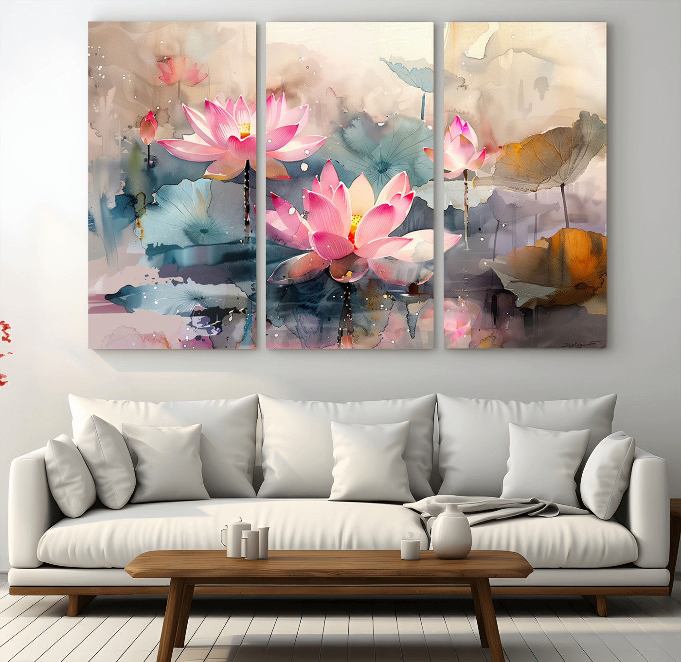 MGV-CV-48X32-3P - Lotus Flower Wall Art | 3-Panel Giclee Canvas Print of Pink Lotus Blossoms for Living Room, Bedroom, Office | Framed Lotus Floral Wall Art Decor Print