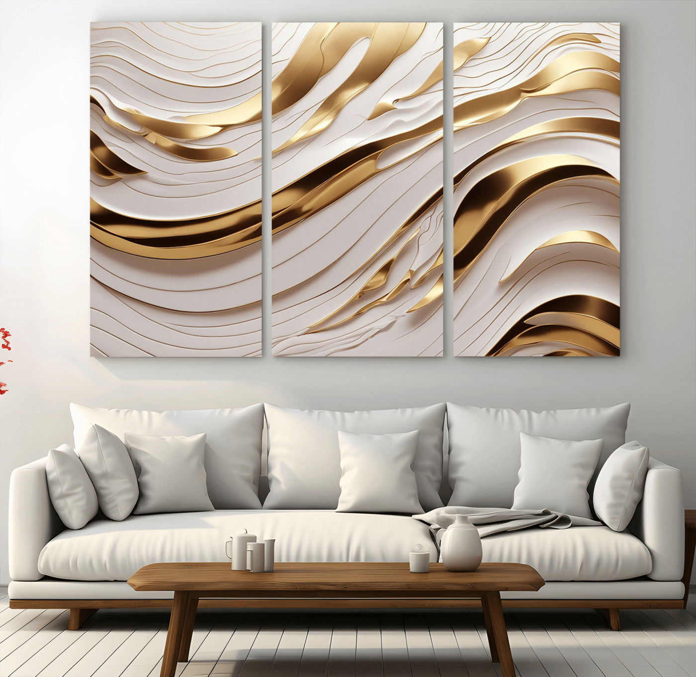-Gold and White Abstract Wave Canvas – Elegant Flowing Design with Luxurious Golden Accents –