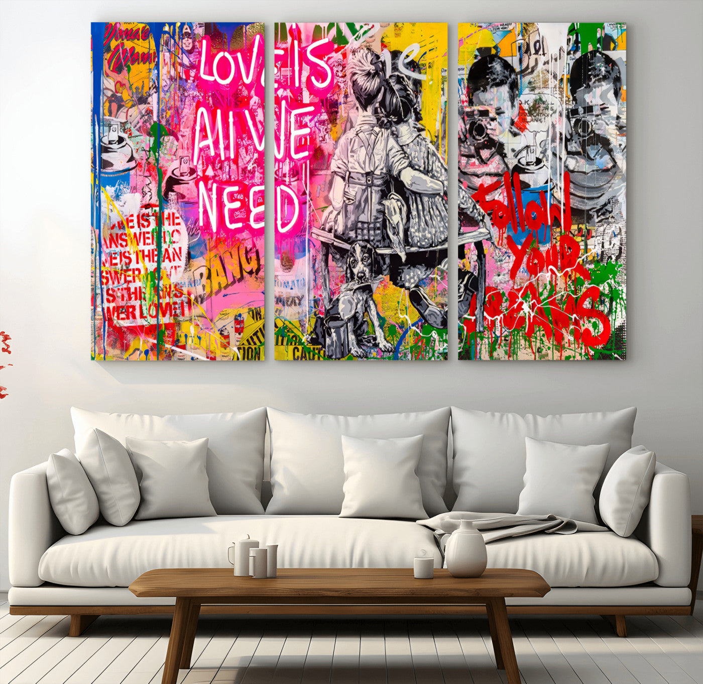 MGV-CV-48X32-3P - Follow Your Dreams & Love is All We Need Graffiti Street Art Triptych | Colorful Urban Wall Art