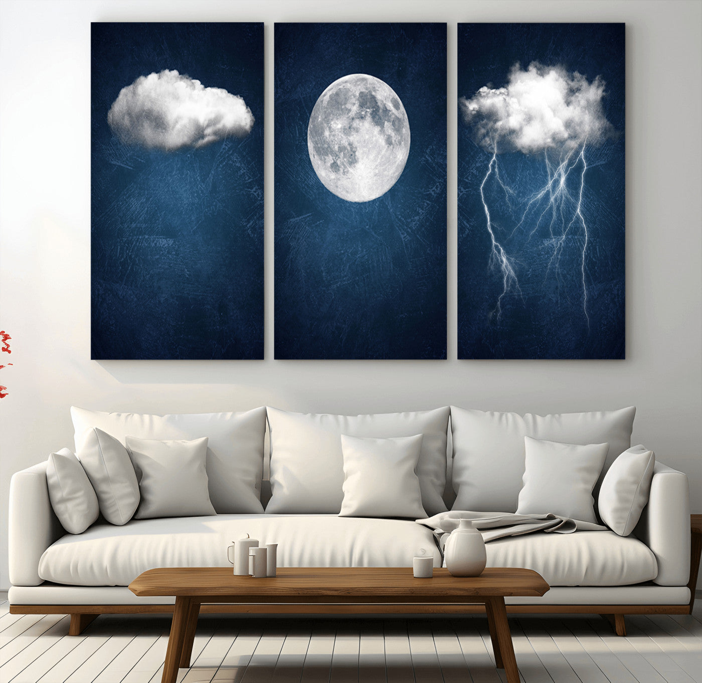 96569-MGV-CV-48X32-3P-Dark Blue Cloud Art, 3 Piece Indigo Blue Wall Art, Aesthetic Surreal Art, Thunderstorm Moon Cloud