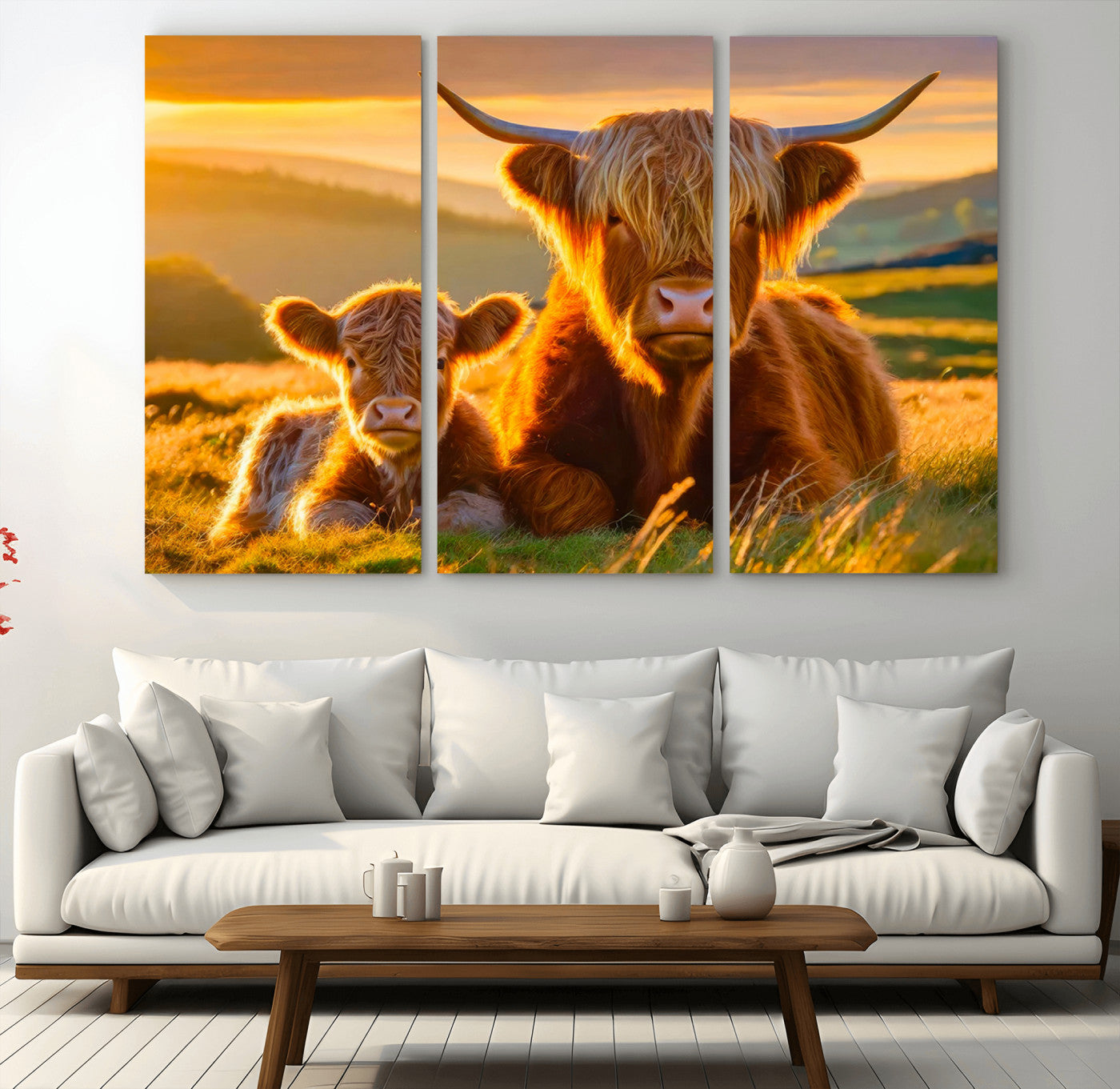 -Scottish Cow and Baby Cow Canvas Wall Art Animal Print Fluffy Cattle Framed Farmhouse Decor