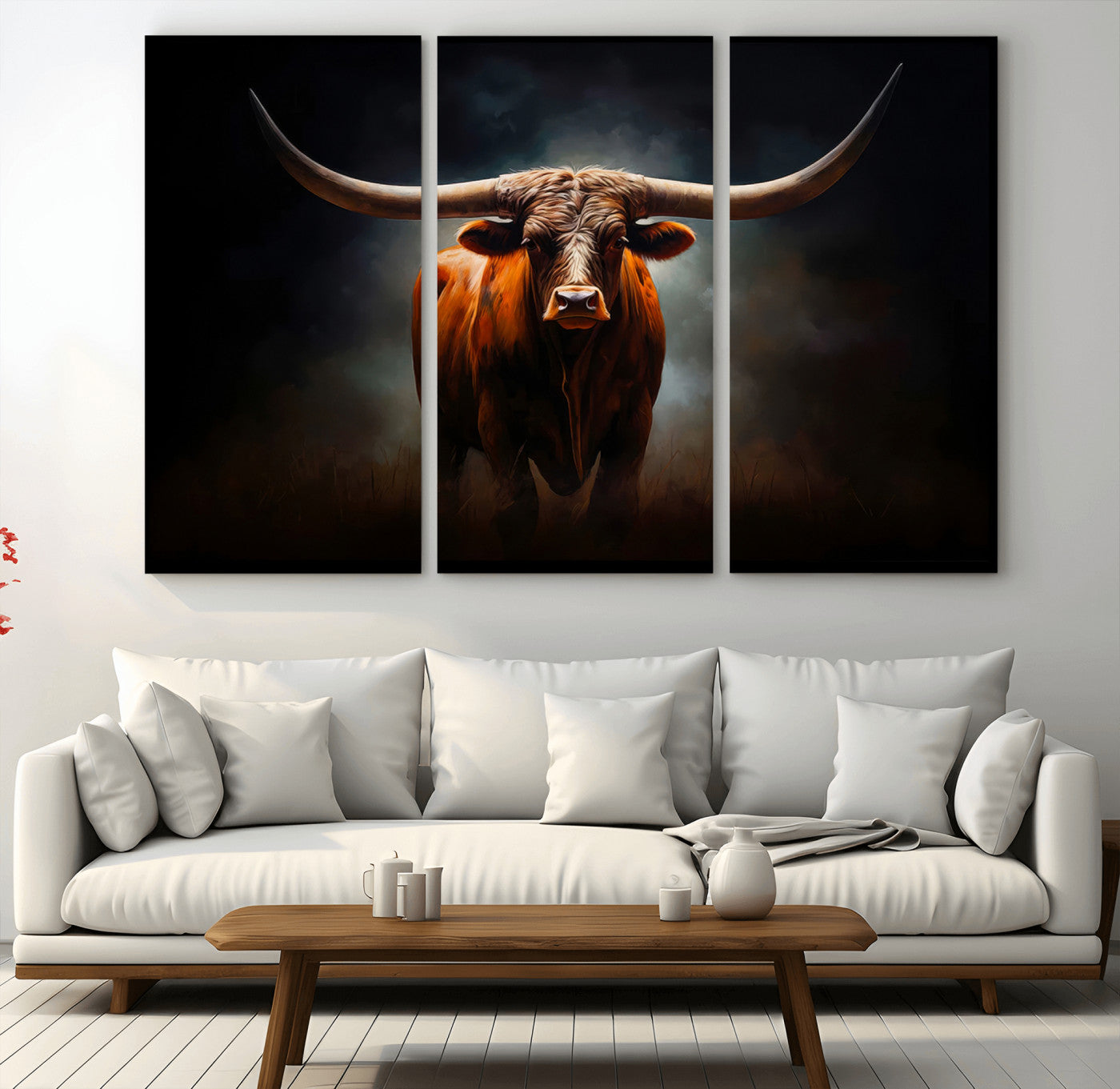 48896-MGV-CV-36X24-Abstract Texas Longhorn Wall Art Print | 3-Panel Large Texas Longhorn Canvas Print for Living Room,