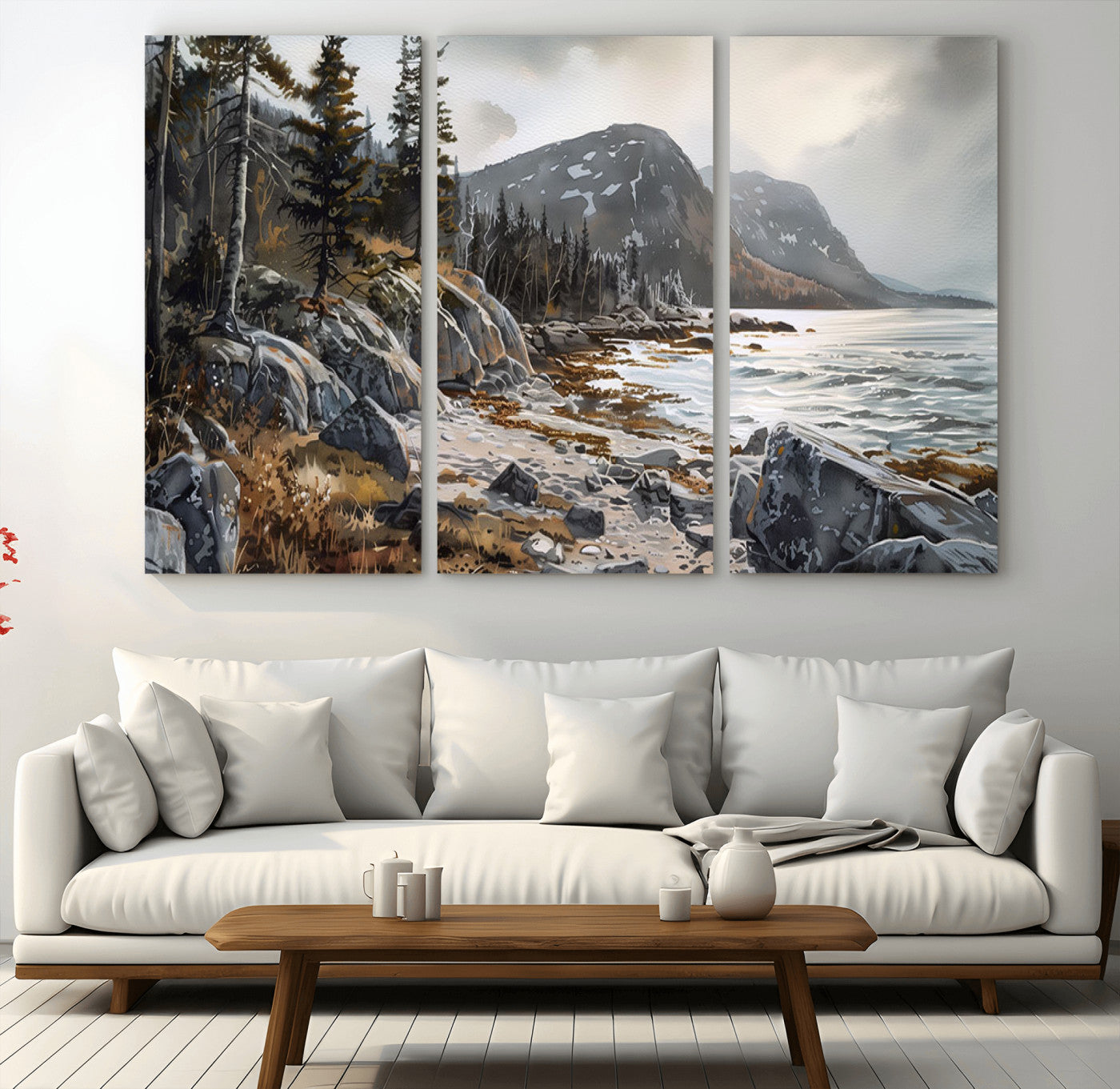 -Serene Coastal View of Acadia National Park - Stunning 3-Panel Wall Art Canvas Print, Framed, Ready