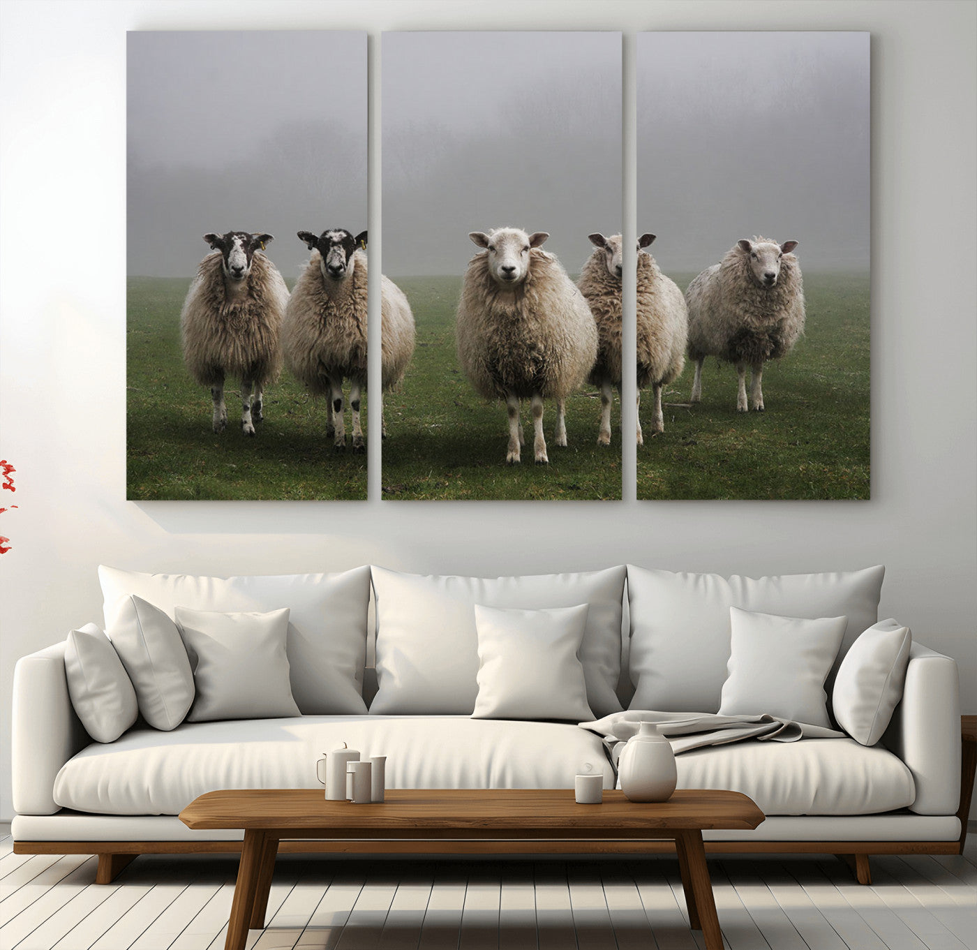 -Flock of Sheep in a Mystical Fog – Pastoral Wall Art Canvas Print, Framed, Ready to Hang