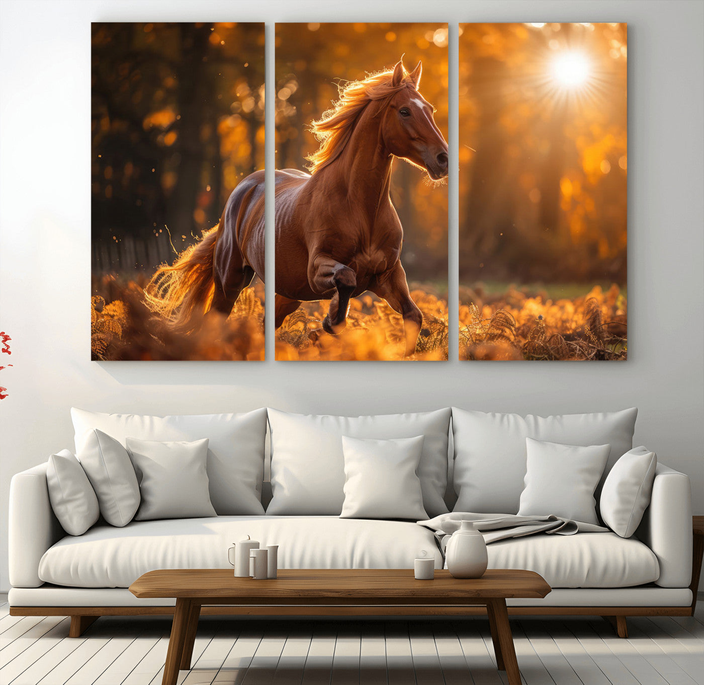 -Running Horse Sunset Forest Wall Art Canvas Print
