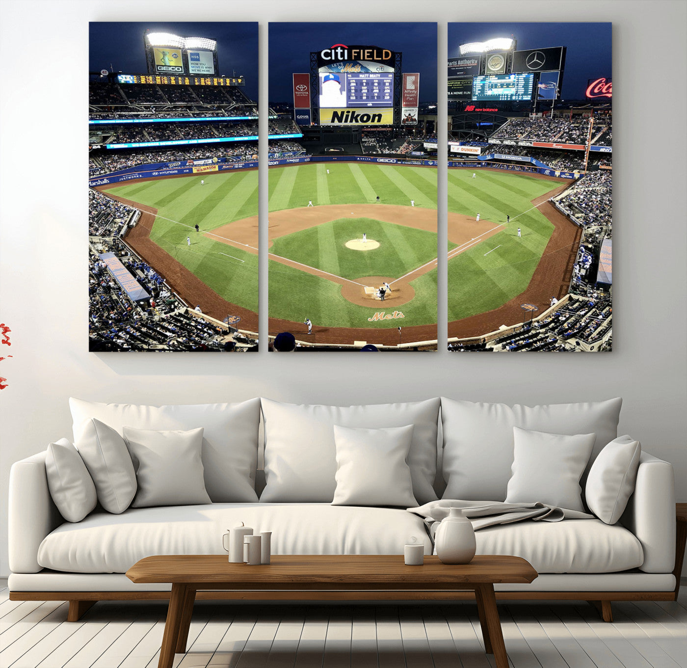 MGV-CV-48X32-3P - Citi Field Wall Art Print | 3-Panel New York Mets Baseball Stadium Canvas Print | Framed Sports Decor for Living Room, Man Cave, or Office Decor