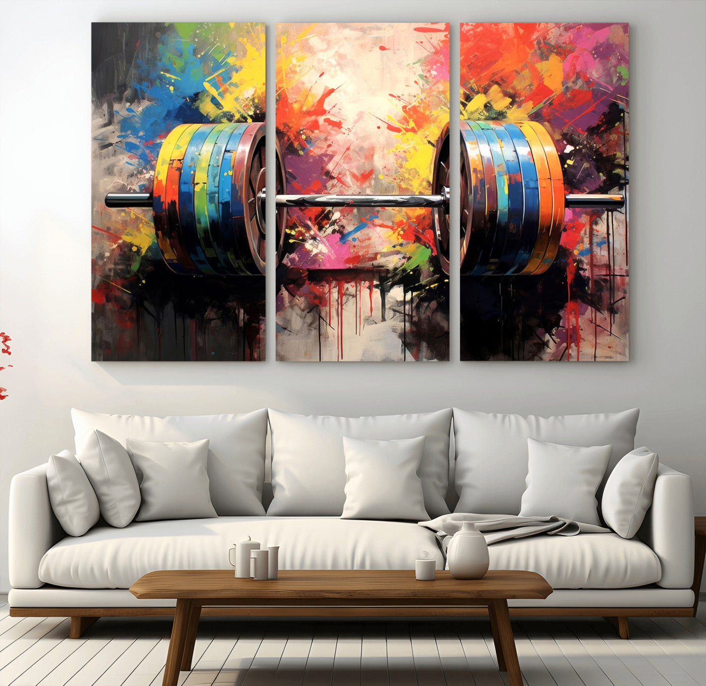 MGV-CV-48X32-3P - Weightlifting Barbell Art Triptych, Bold Abstract Fitness Wall Decor for Gym or Home, Giclee Canvas Print