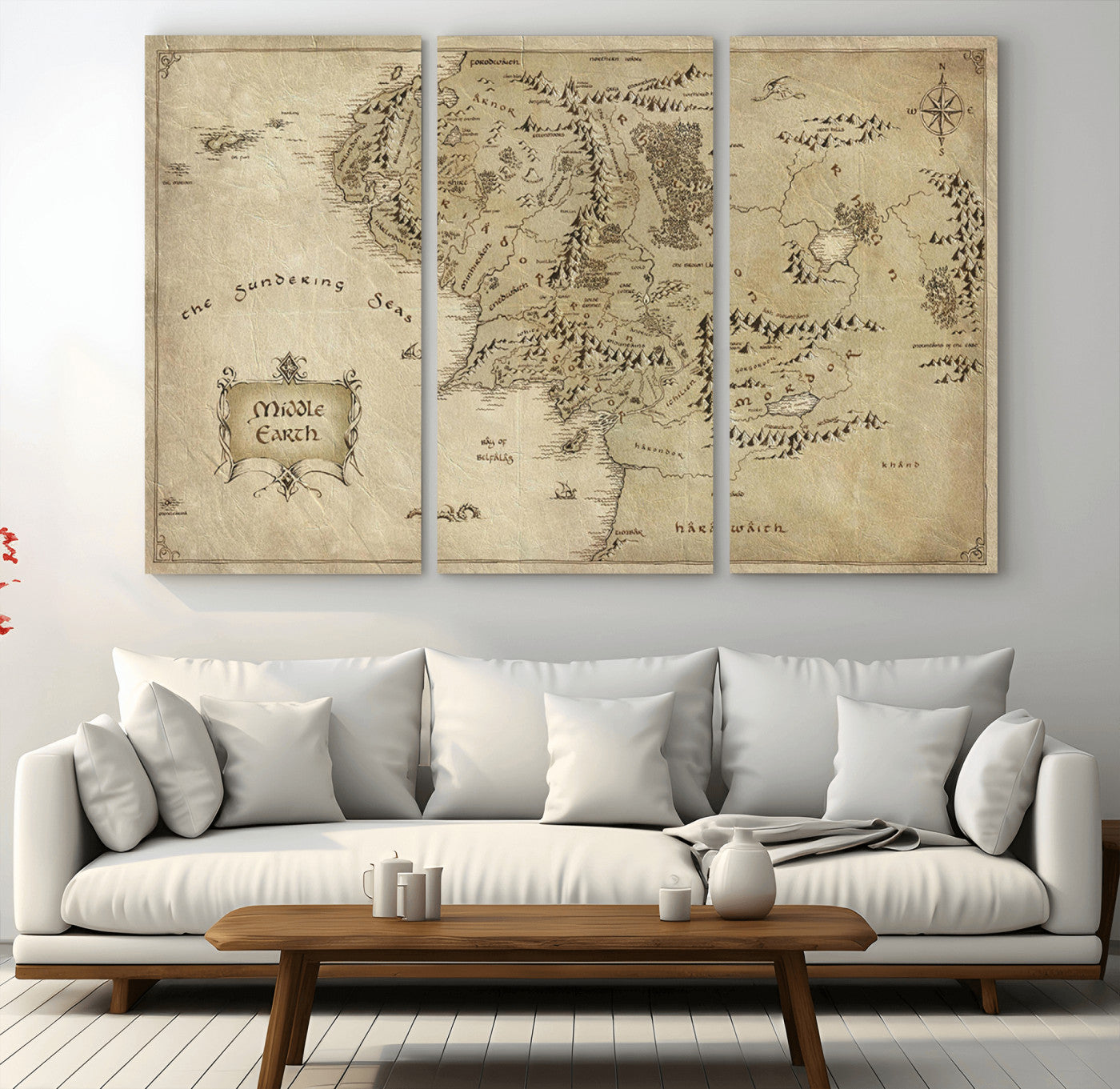 MGV-CV-48X32-3P - Lord Of The Rings Middle Earth Map Canvas Wall Art Print, Vintage Style Lord of the Rings Wall Art