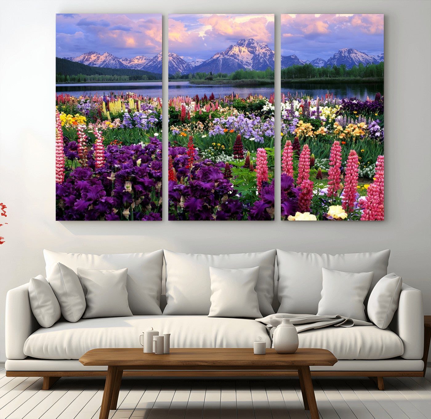 MGV-CV-48X32-3P - Wildflower Canvas Print – Blooming Floral Meadows with Majestic Mountain Backdrop, Ready to Hang