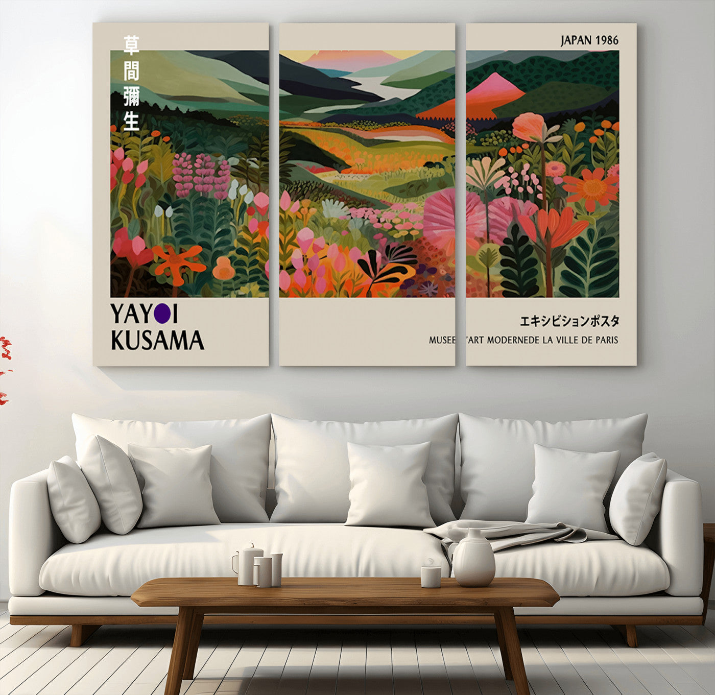 MGV-CV-48X32-3P - Yayoi Kusama Abstract Print, Vibrant Floral Mountain Art Print, Botanical Flower Nature Decor,