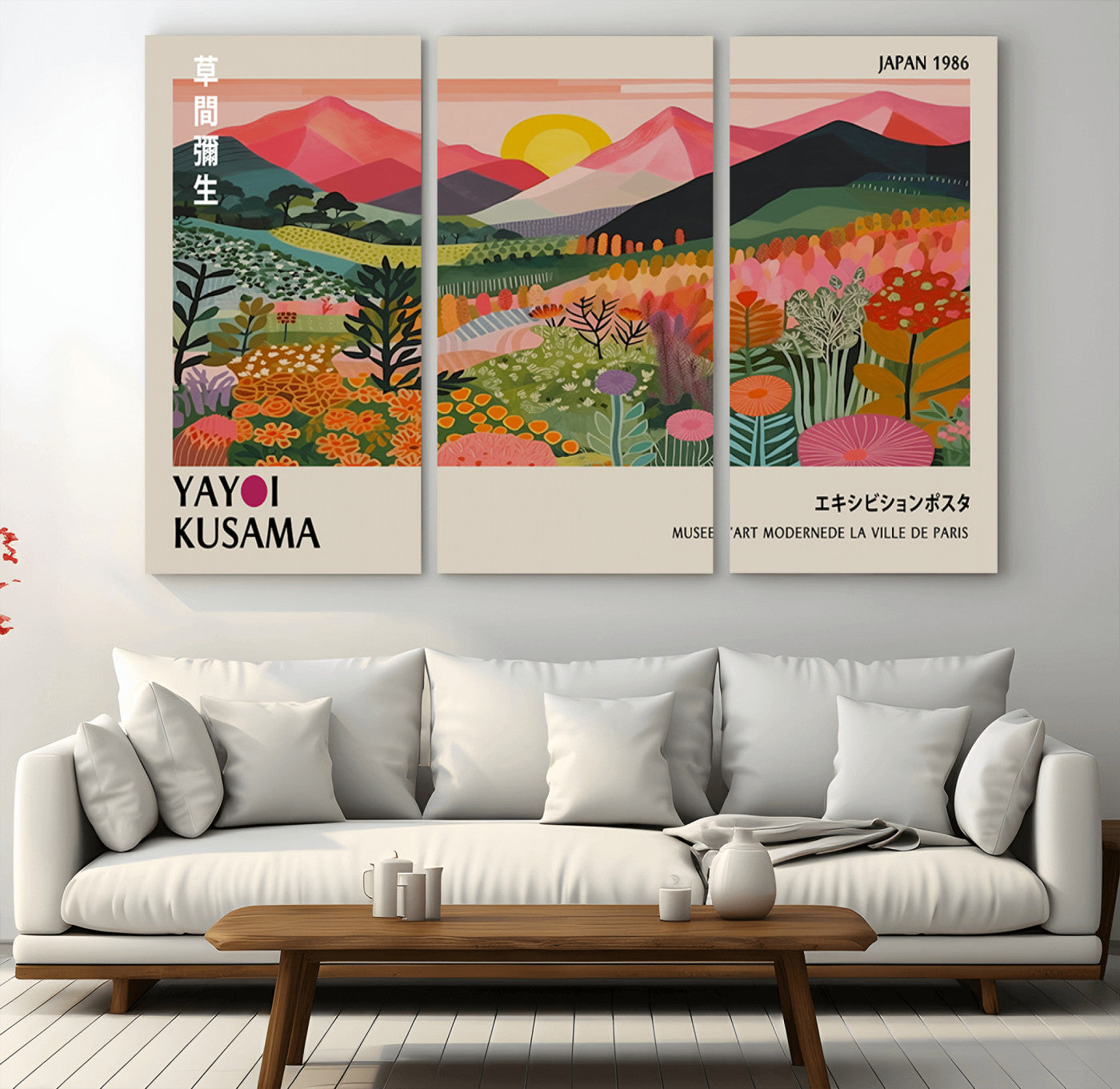 MGV-CV-48X32-3P - Yayoi Kusama Landscape Canvas Print, Vibrant Floral Mountain Art Print, Framed Botanical Wall Art -