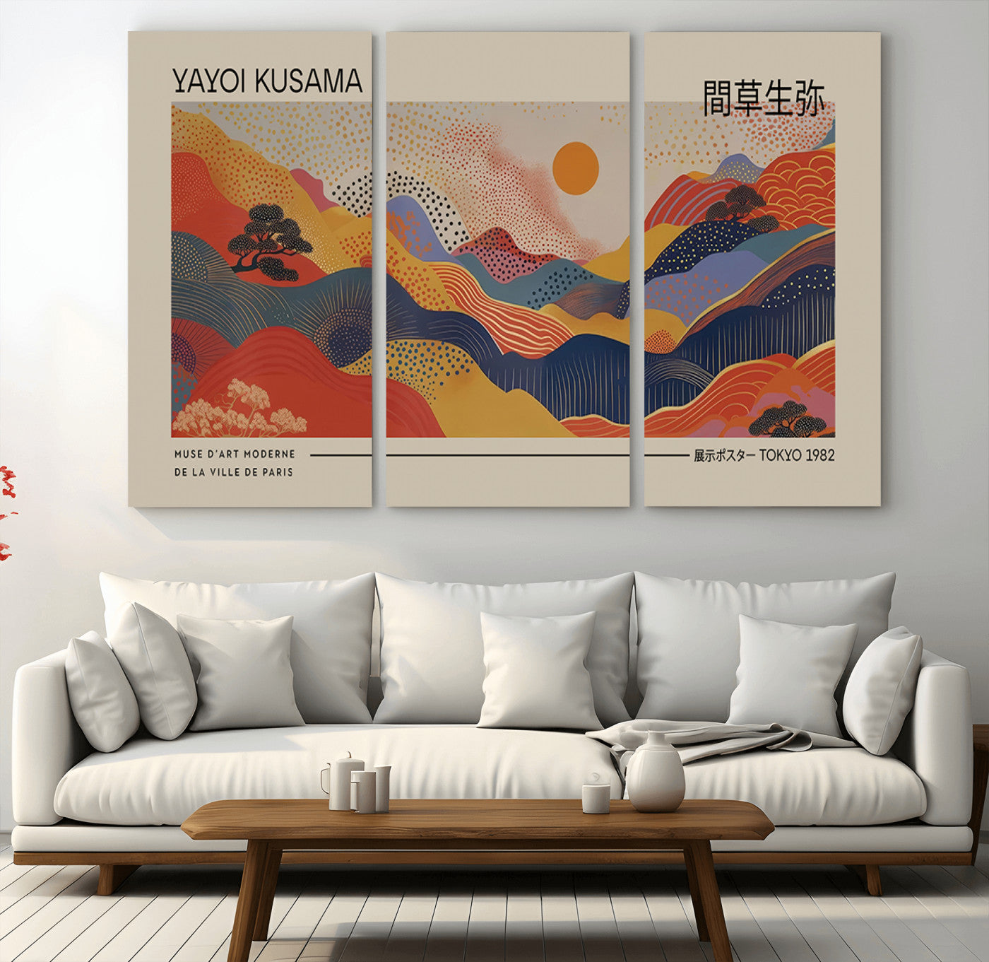 MGV-CV-48X32-3P - Yayoi Kusama Landscape Canvas Print, Vibrant Floral Mountain Art Print, Botanical Flower Nature
