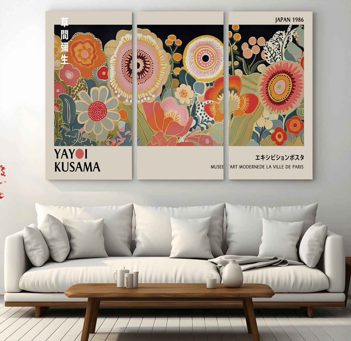 MGV-CV-48X32-3P - Yayoi Kusama Landscape Canvas Print, Vibrant Floral Mountain Art Print, Botanical Flower Nature Decor, Sunset Scenery Artwork