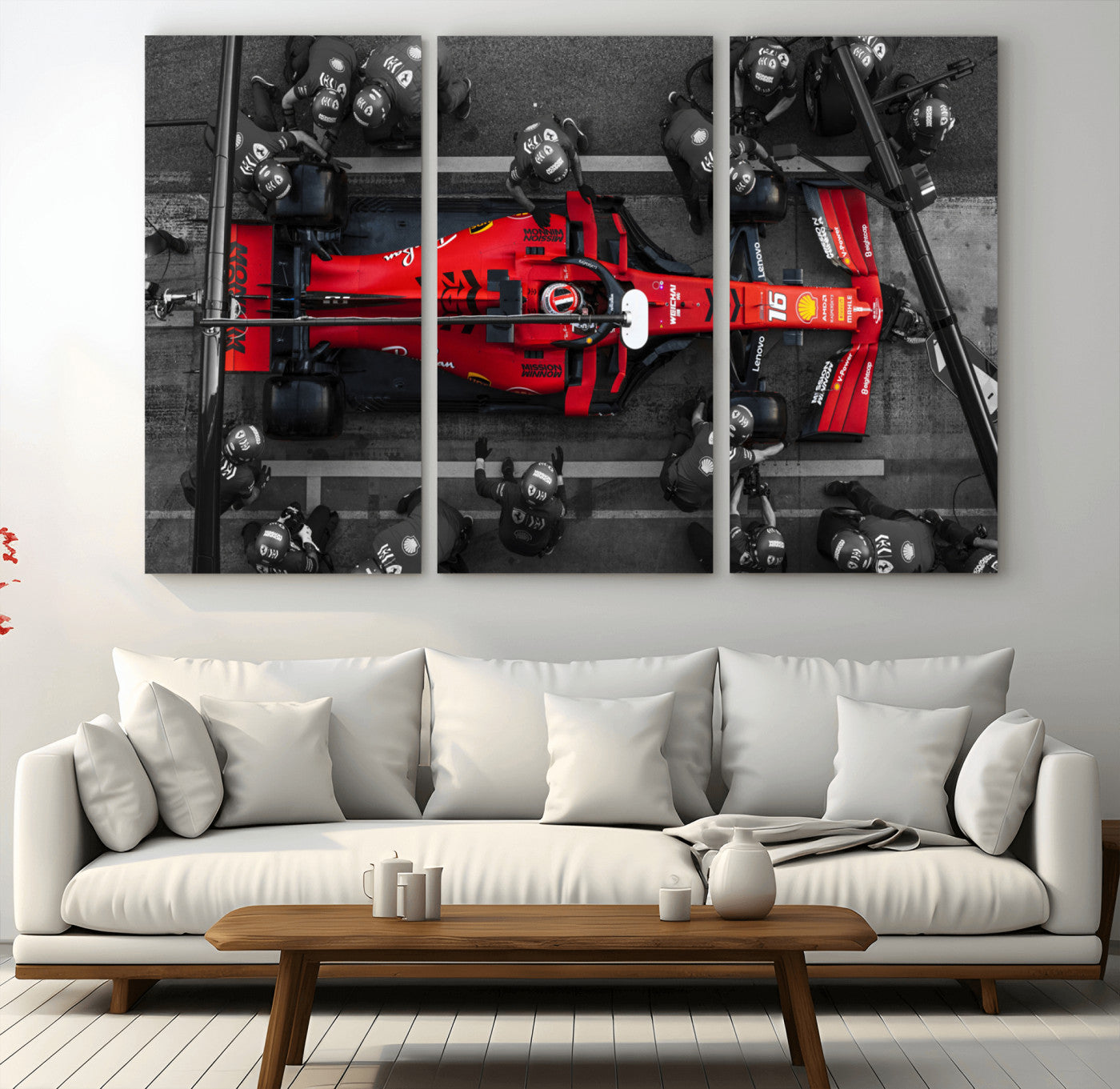 MGV-CV-48X32-3P - Ferrari Pit Stop Canvas Wall Art – Precision and Speed Captured in Bold Motorsport Imagery – Ready