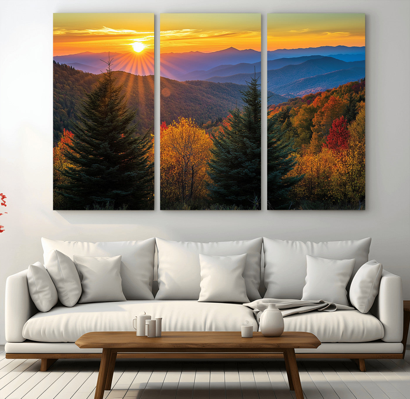 MGV-CV-48X32-3P - Golden Sunset Over Mountain Forest Canvas Wall Art Print - Warm Nature-Inspired Landscape for Living