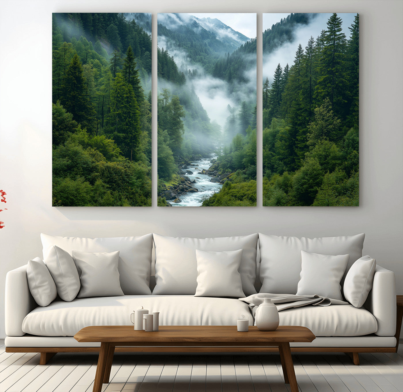 MGV-CV-48X32-3P - Mountain Forest River Canvas Wall Art Print - Serene Nature Landscape for Living Room, Office, or