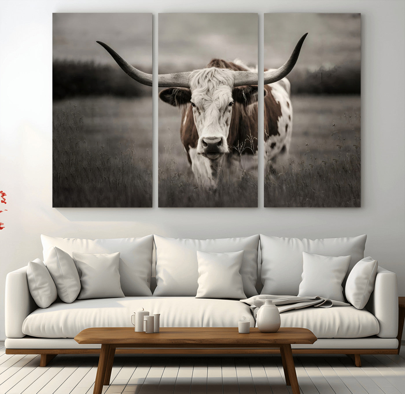 MGV-CV-48X32-3P - Texas Longhorn Cow Canvas Wall Art Print - Large Rustic Longhorn Art for Living Room, Western Wall