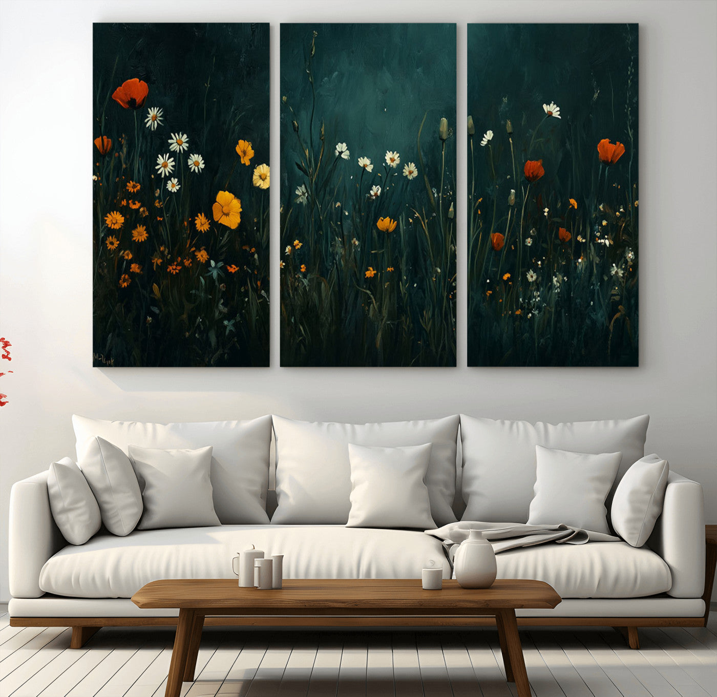 MGV-CV-48X32-3P - Framed Wildflower Field Wall Art, Framed Vintage Botanical Landscape Sign, Floral Decor, Modern